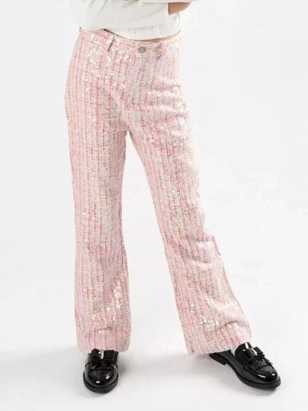 Stella 88 Pants 8-16 Girls Size XL Pink Blush Zipper Sequins Tweed Flare Party
